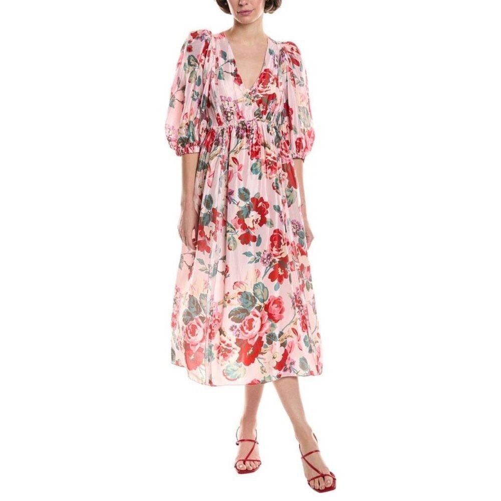 Sea New York Laine Silk Midi Dress Small Pink Floral Puff Sleeve Nwot Wedding